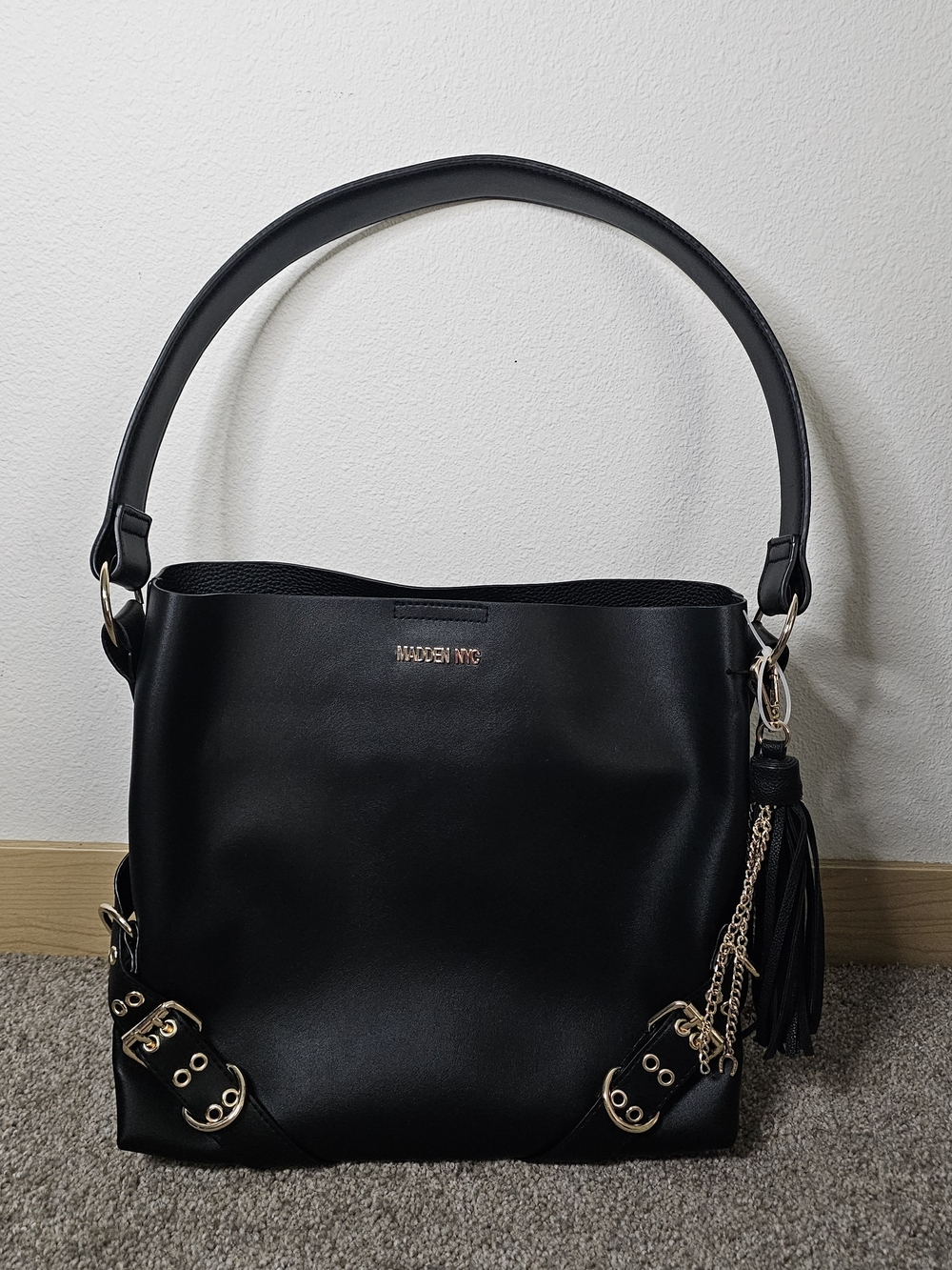 Madden NYC Black Shoulder Hobo with Tassel Accent